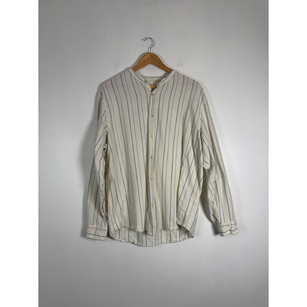 Coastal Zara Man XL Button Down Shirt Cream Blue Stripe Mandarin Collar Cotton
